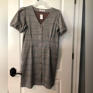 LOFT Plaid Button-Front Gray Dress